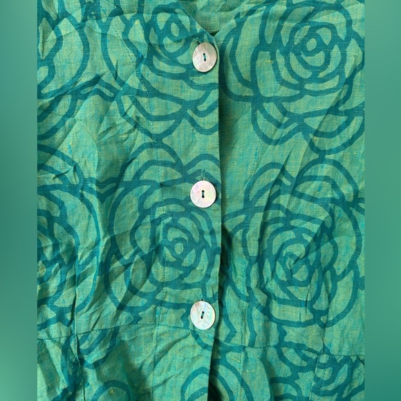 Flax Linen Peplum Teal Rose Floral Button-Up Blouse - Picture 7 of 10